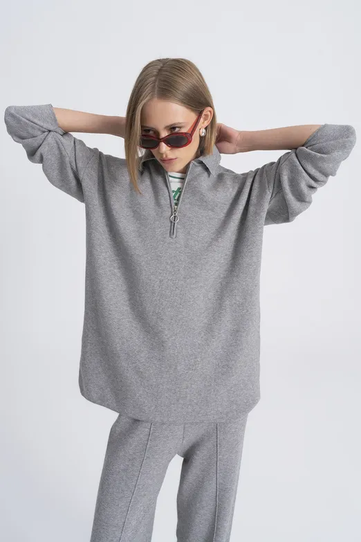 Bayan Gri Polo Yaka Oversize Triko Kazak - BSL