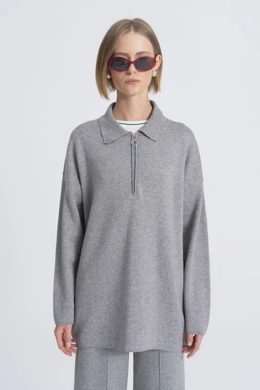 Bayan Gri Polo Yaka Oversize Triko Kazak - BSL