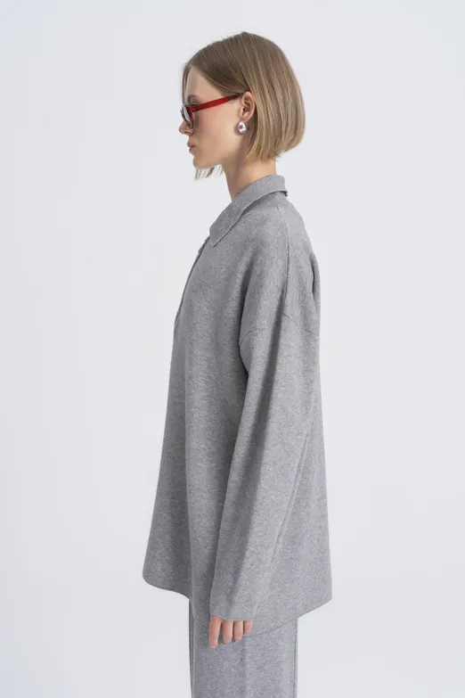 Bayan Gri Polo Yaka Oversize Triko Kazak - BSL