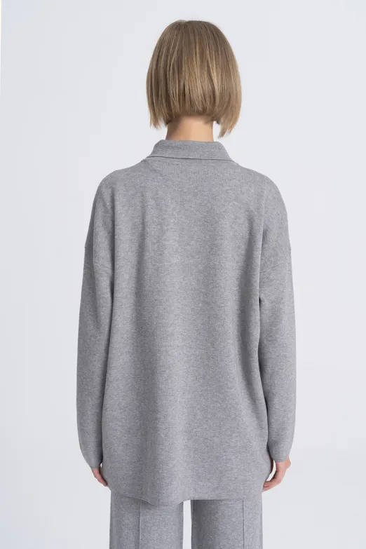 Bayan Gri Polo Yaka Oversize Triko Kazak - BSL