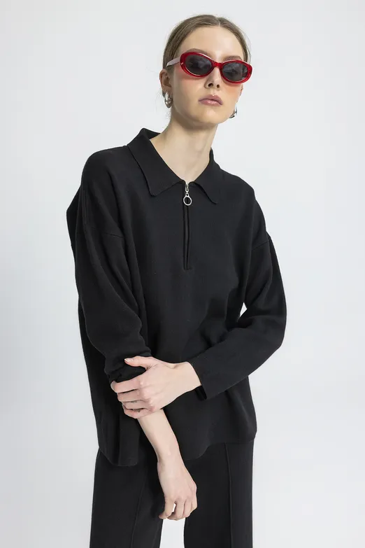 Bayan Siyah Polo Yaka Oversize Triko Kazak - BSL