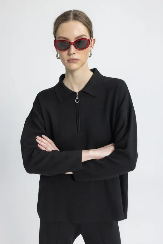 Bayan Siyah Polo Yaka Oversize Triko Kazak - BSL
