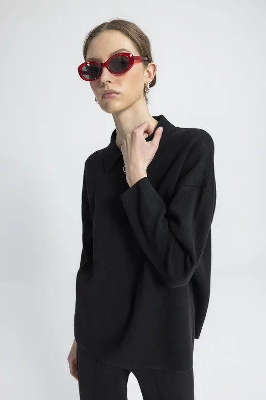 Bayan Siyah Polo Yaka Oversize Triko Kazak - BSL