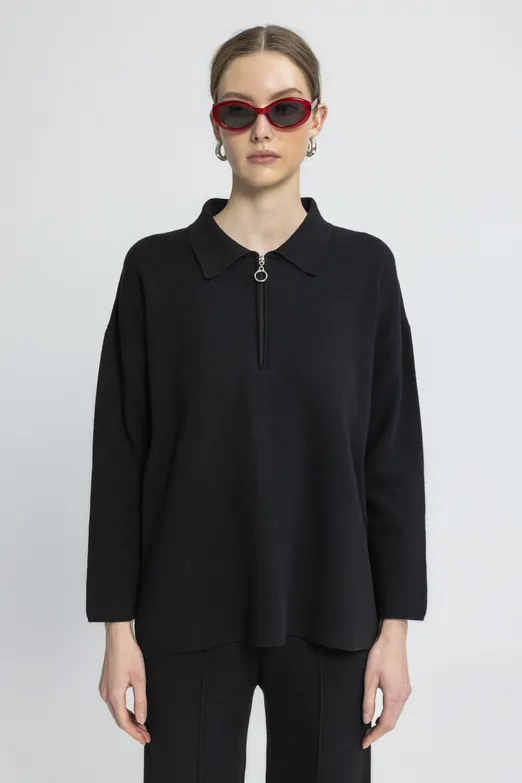 Bayan Siyah Polo Yaka Oversize Triko Kazak - BSL