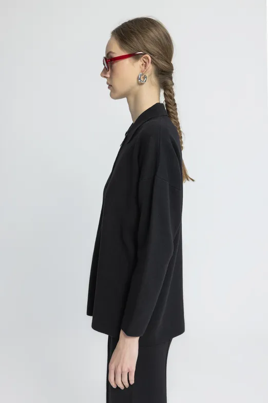 Bayan Siyah Polo Yaka Oversize Triko Kazak - BSL
