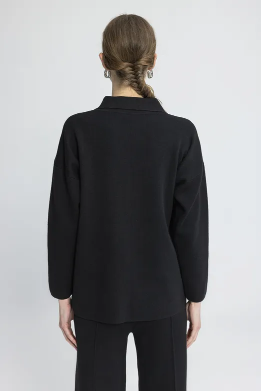 Bayan Siyah Polo Yaka Oversize Triko Kazak - BSL