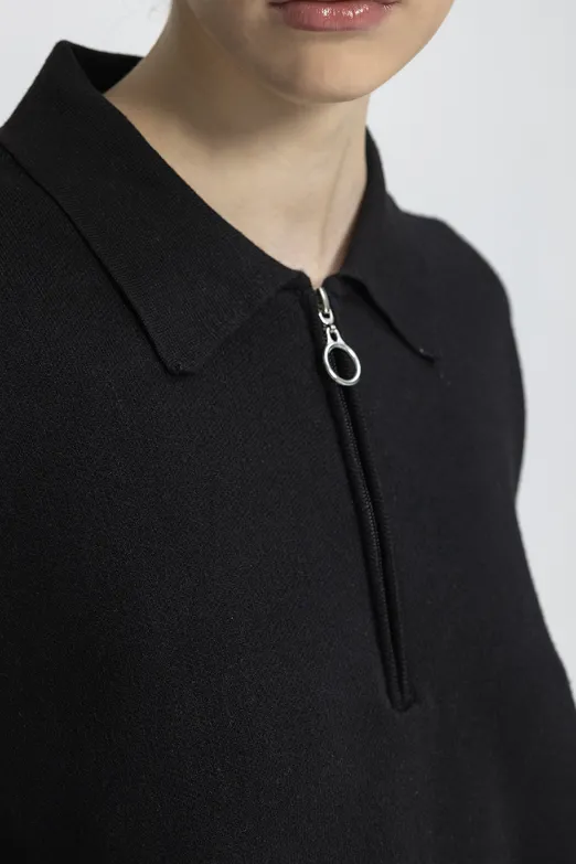 Bayan Siyah Polo Yaka Oversize Triko Kazak - BSL