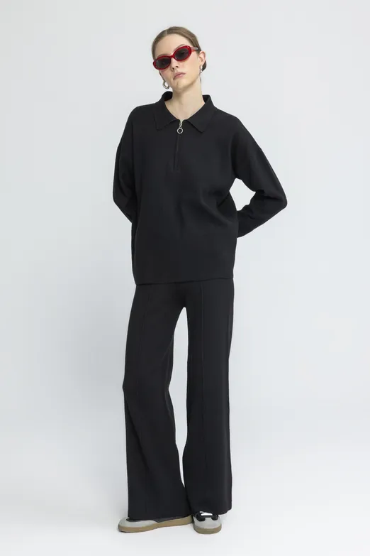 Bayan Siyah Düz Kesim Triko Pantolon - BSL