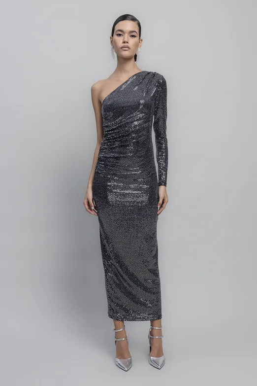 Bayan Gümüş Tek Omuz Pulpayet Midi Elbise - BSL