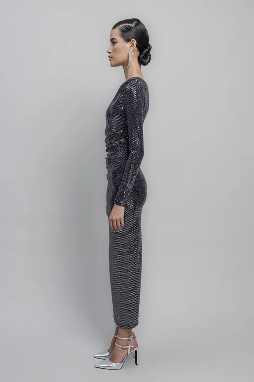 Bayan Gümüş Tek Omuz Pulpayet Midi Elbise - BSL