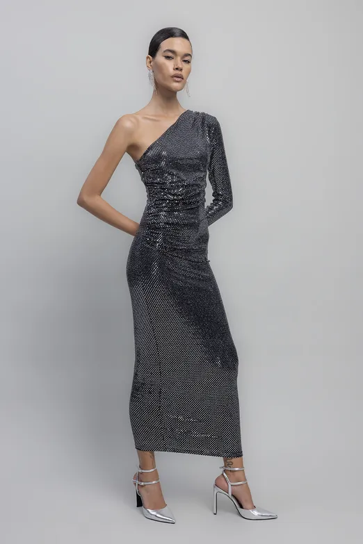 Bayan Gümüş Tek Omuz Pulpayet Midi Elbise - BSL