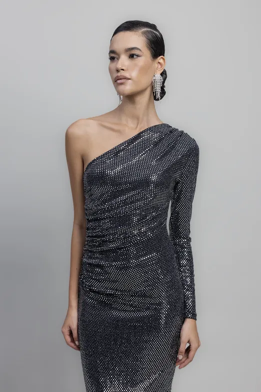 Bayan Gümüş Tek Omuz Pulpayet Midi Elbise - BSL