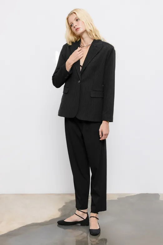 Bayan Siyah Arka Bel Lastikli Pileli Kumaş Pantolon - BSL