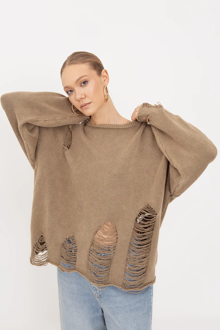 Bayan Haki Pamuk Yıpratmalı Oversize Kazak