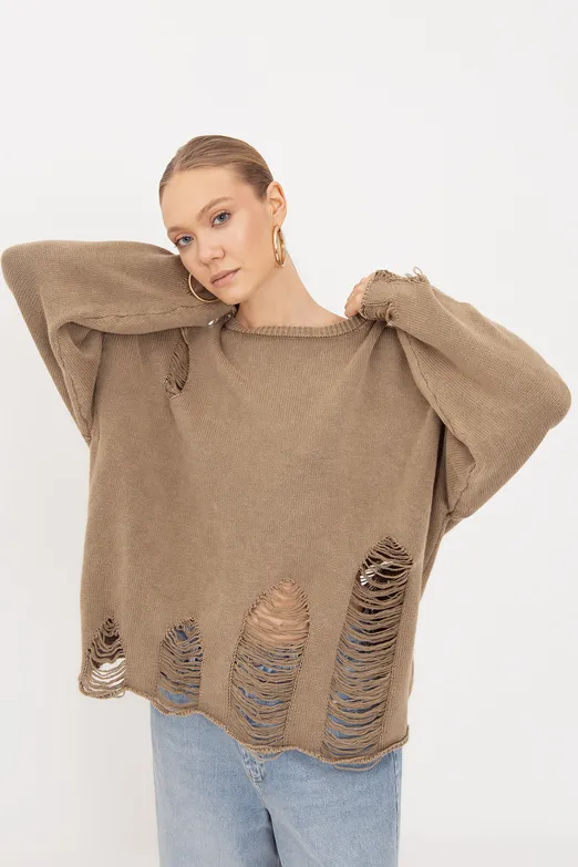 Bayan Haki Pamuk Yıpratmalı Oversize Kazak - BSL