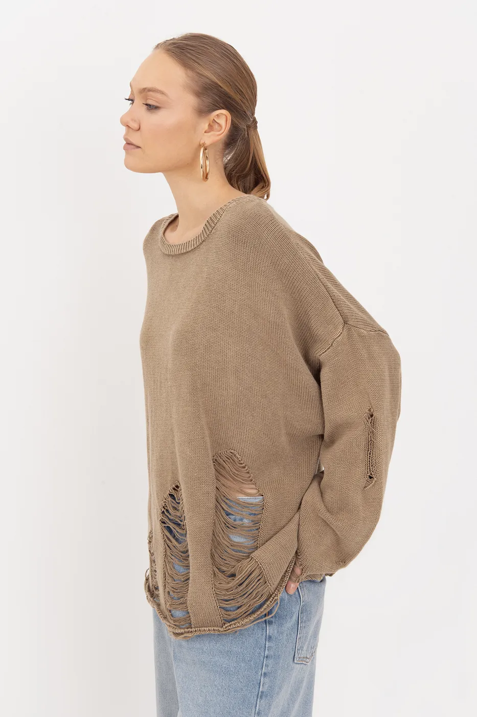 Bayan Haki Pamuk Yıpratmalı Oversize Kazak