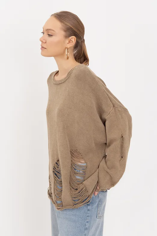 Bayan Haki Pamuk Yıpratmalı Oversize Kazak - BSL