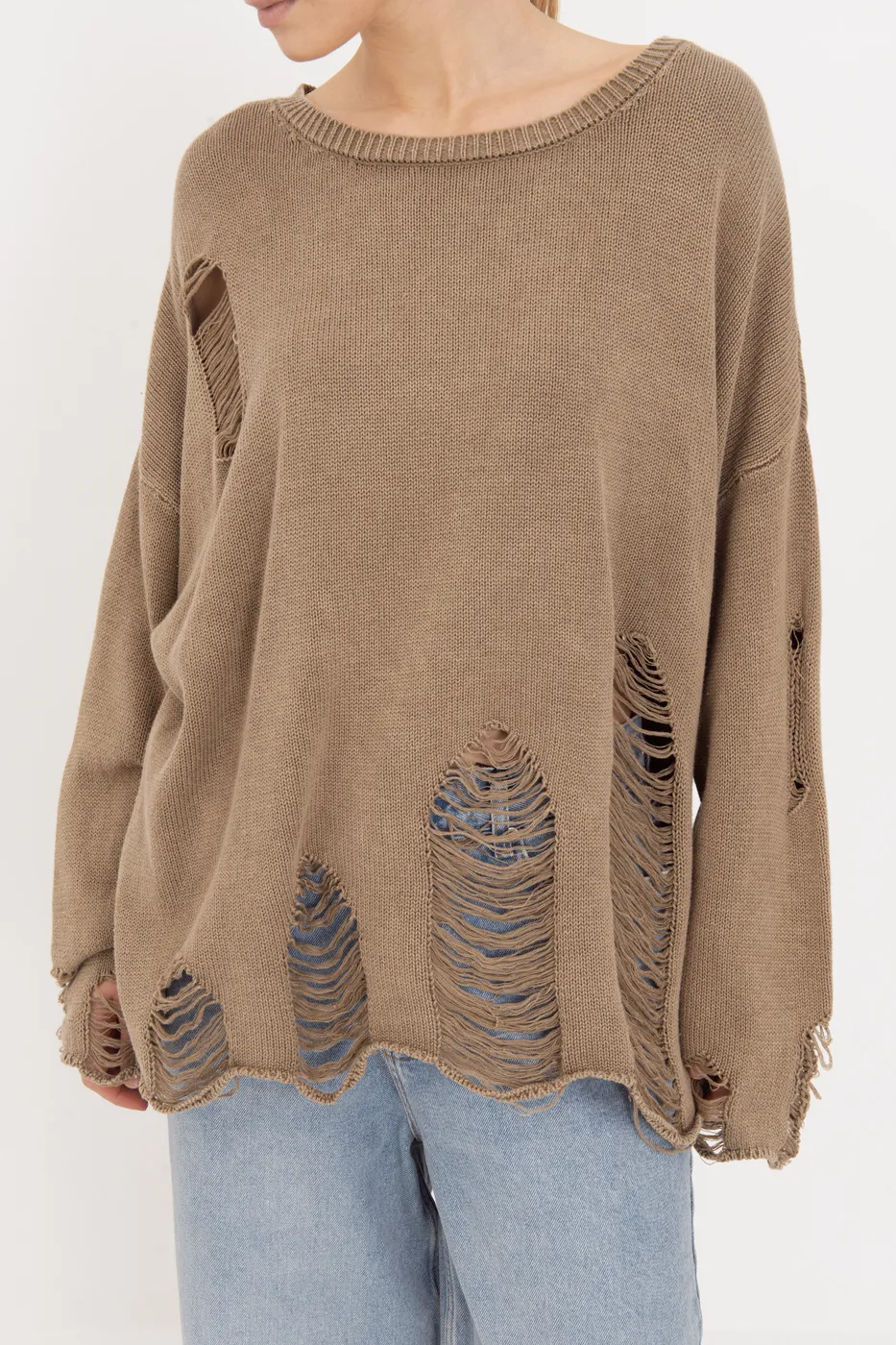 Bayan Haki Pamuk Yıpratmalı Oversize Kazak