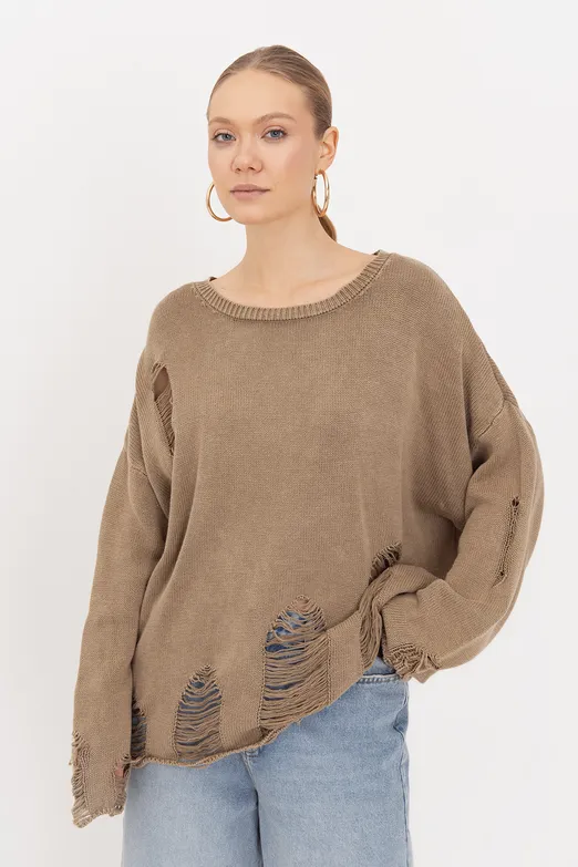 Bayan Haki Pamuk Yıpratmalı Oversize Kazak - BSL