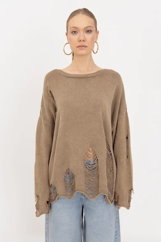 Bayan Haki Pamuk Yıpratmalı Oversize Kazak - BSL