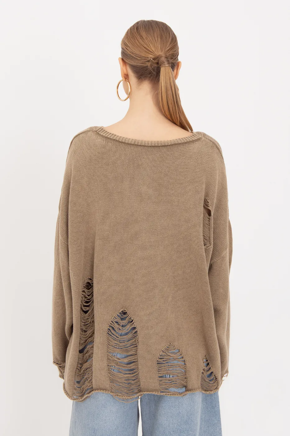 Bayan Haki Pamuk Yıpratmalı Oversize Kazak