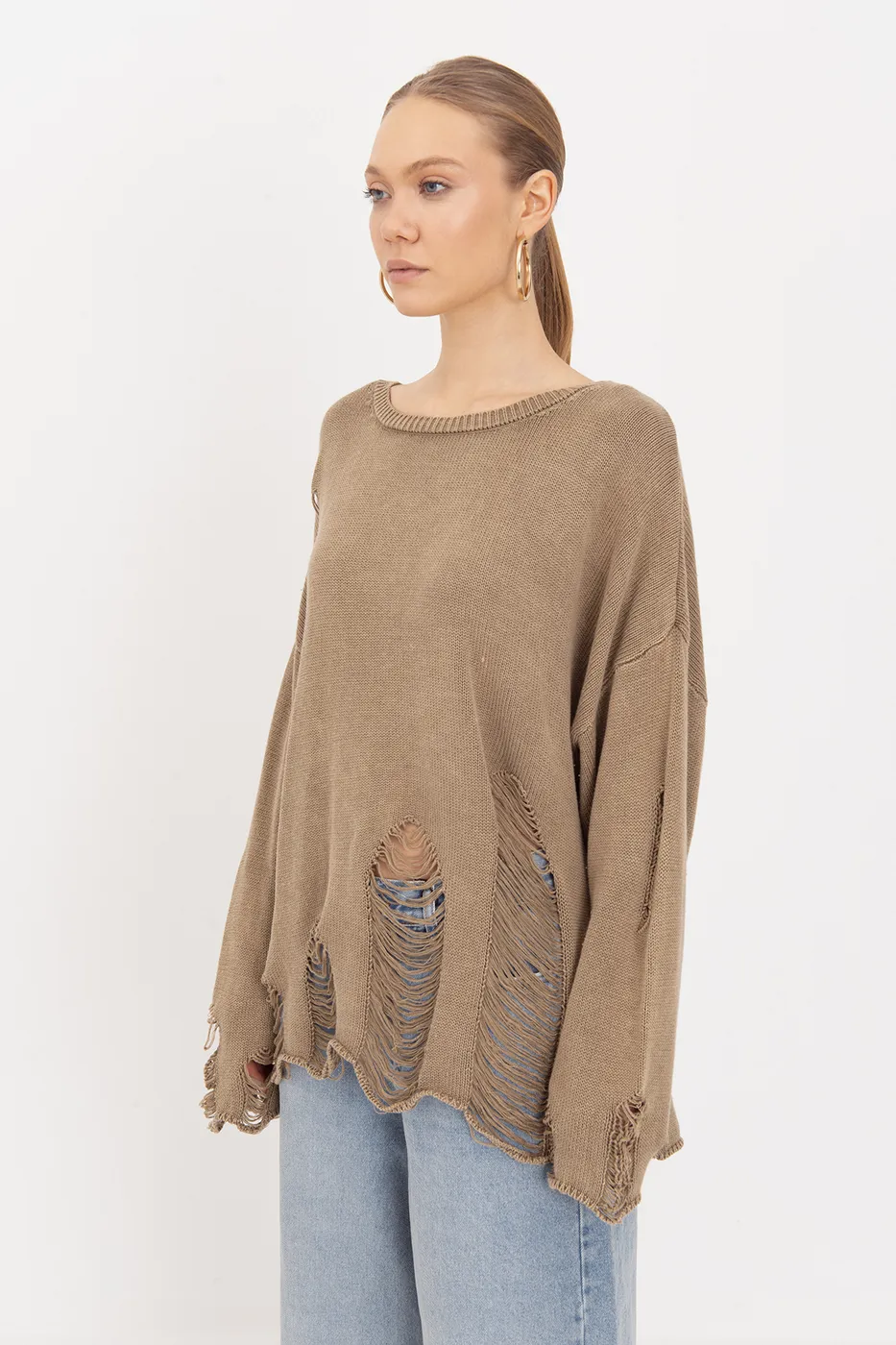 Bayan Haki Pamuk Yıpratmalı Oversize Kazak