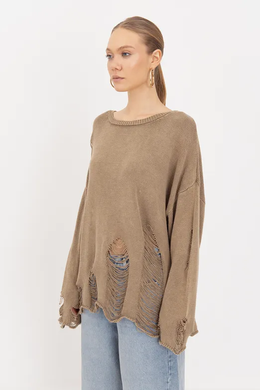 Bayan Haki Pamuk Yıpratmalı Oversize Kazak - BSL