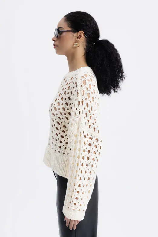 Bayan Ekru %100 Pamuk Ajur Desenli Kazak - BSL