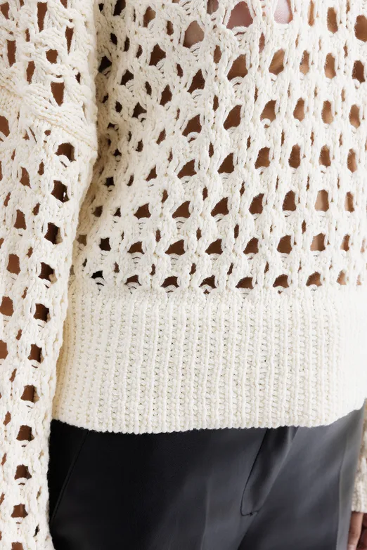 Bayan Ekru %100 Pamuk Ajur Desenli Kazak - BSL