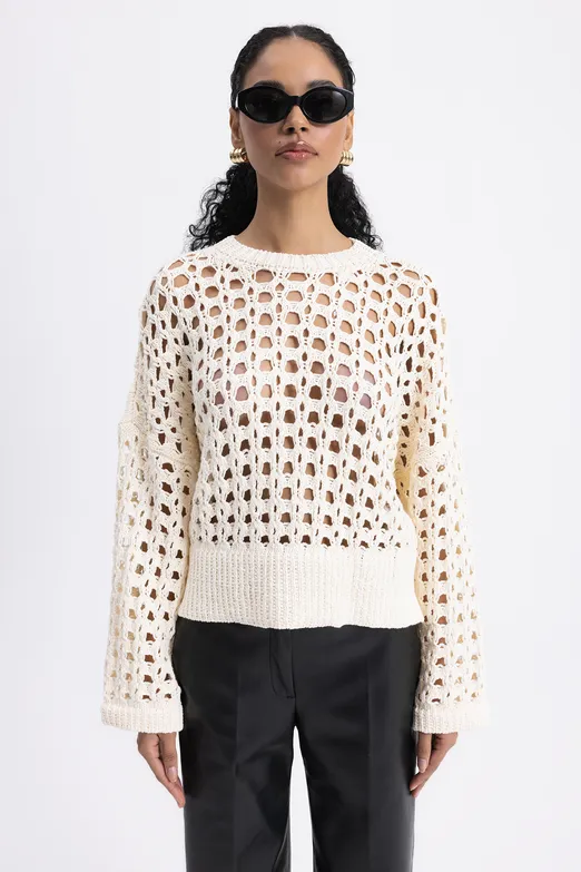 Bayan Ekru %100 Pamuk Ajur Desenli Kazak - BSL