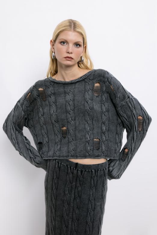 Bayan  %100 Pamuk Yıpratmalı Saçörgülü Kazak