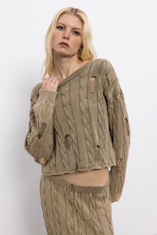 Bayan  %100 Pamuk Yıpratmalı Saçörgülü Kazak