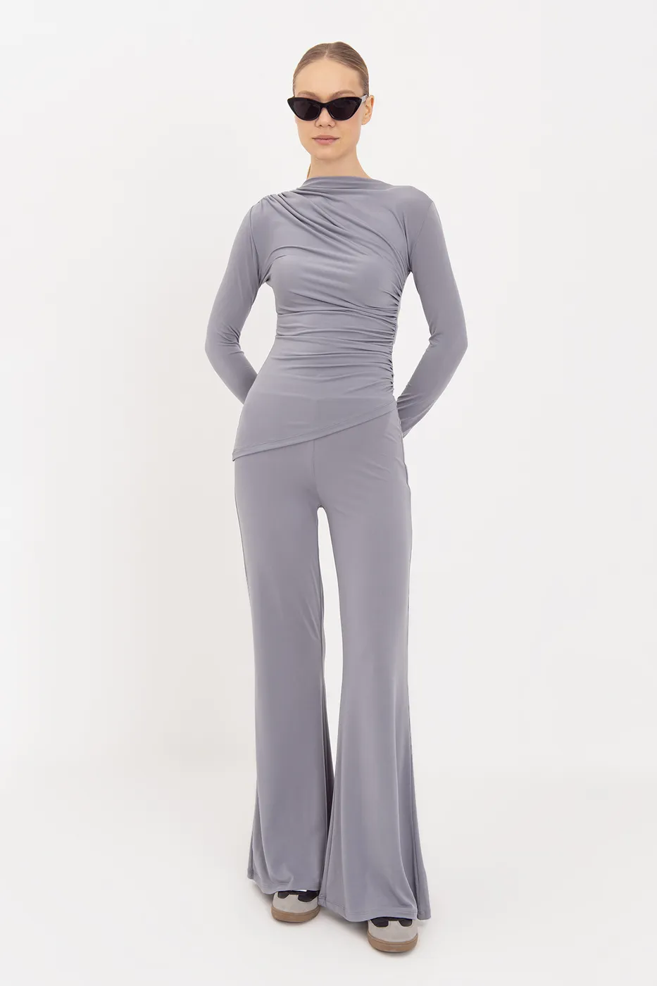 Bayan Gri İspanyol  Paça Pantolon