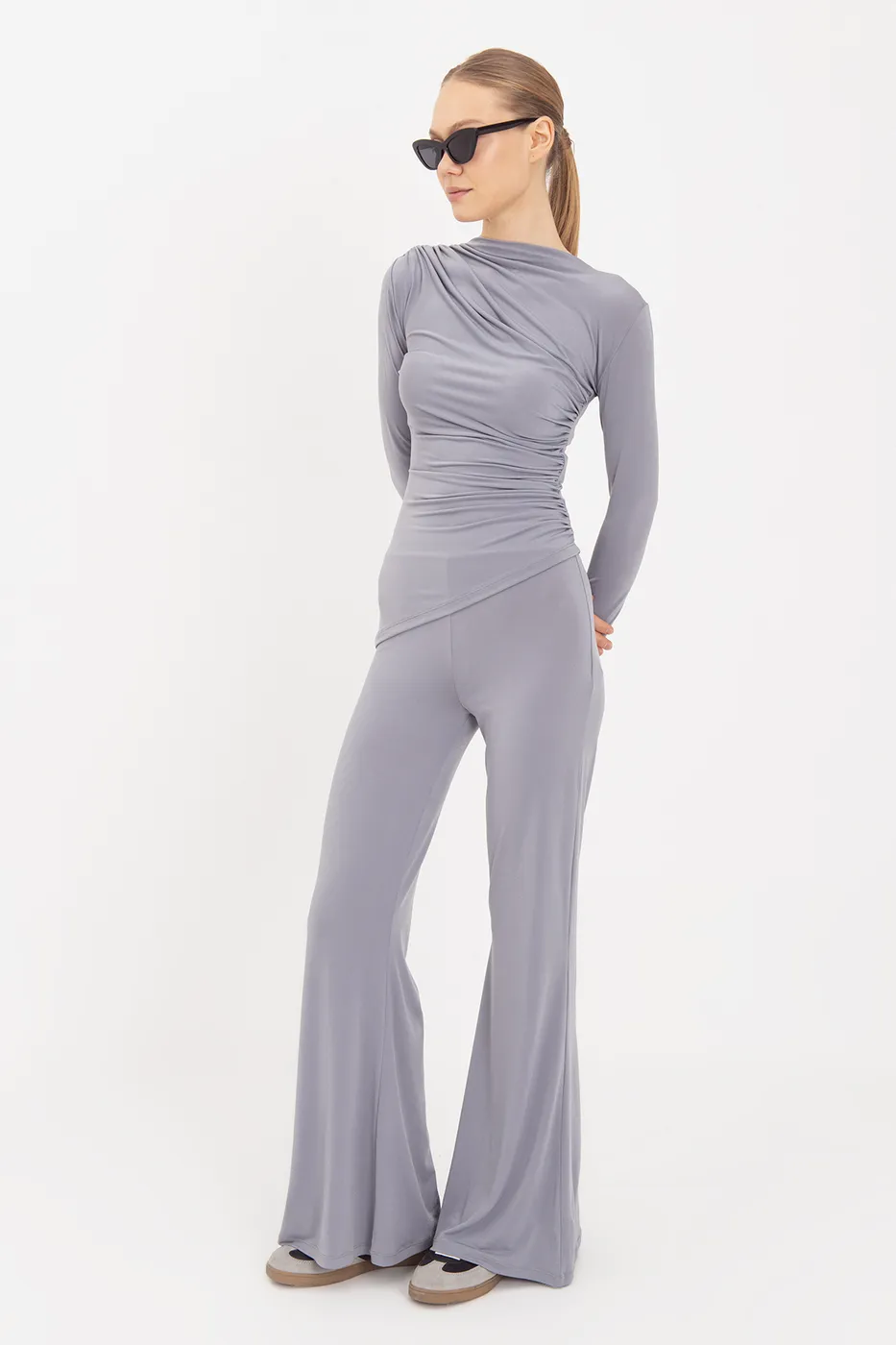 Bayan Gri İspanyol  Paça Pantolon