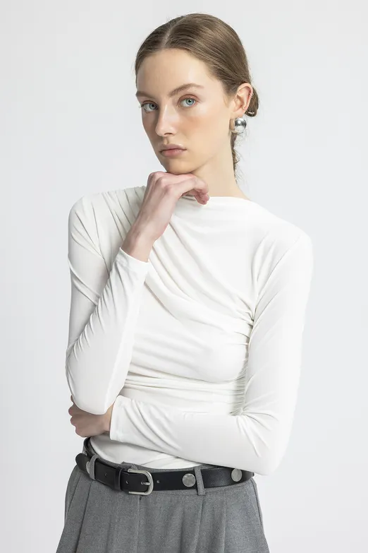 Bayan Ekru Drapeli Top - BSL