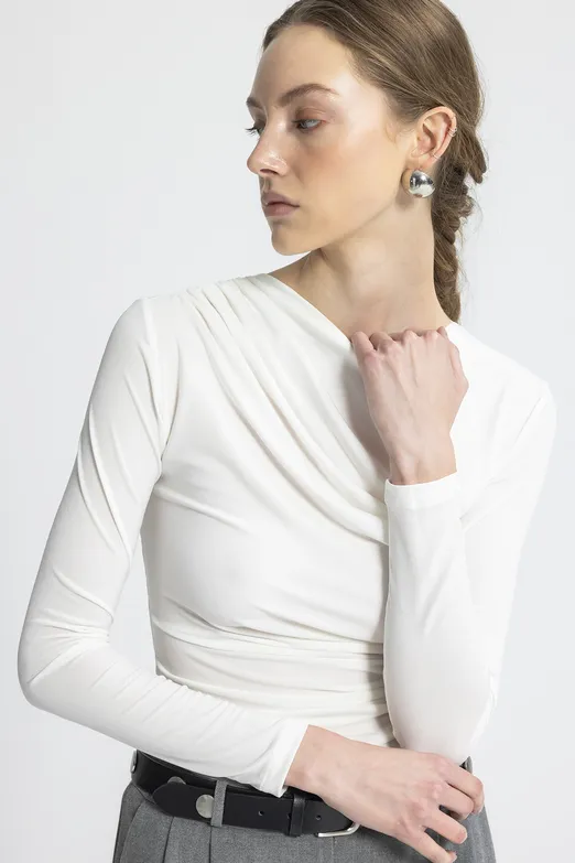 Bayan Ekru Drapeli Top - BSL