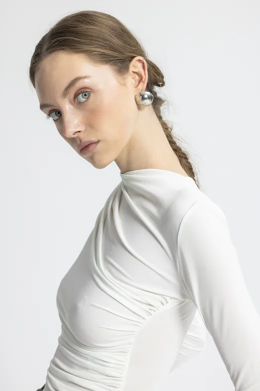 Bayan Ekru Drapeli Top - BSL