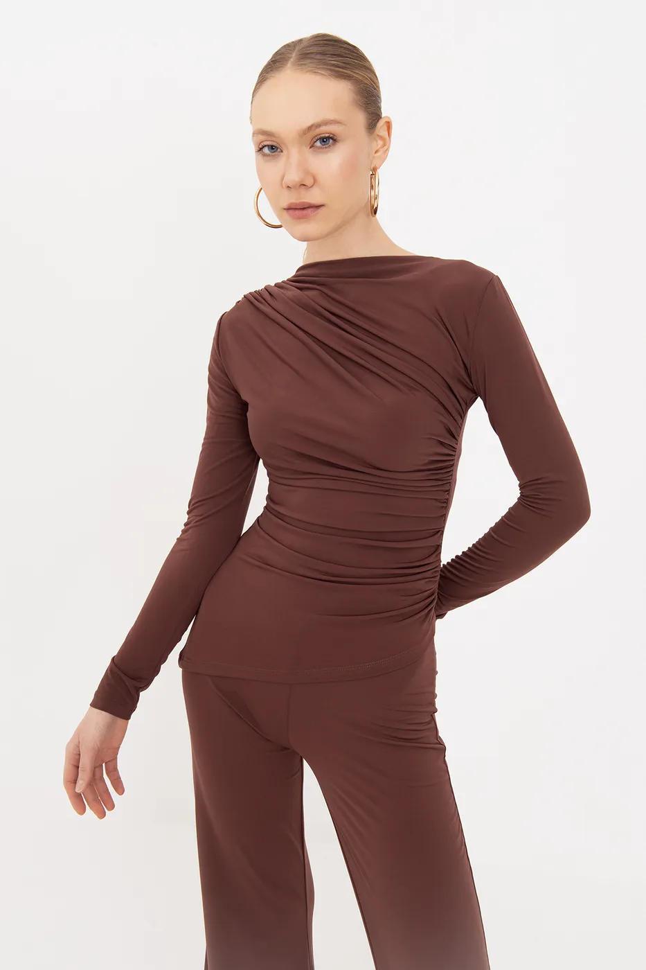 Bayan Kahverengi Drapeli  Top