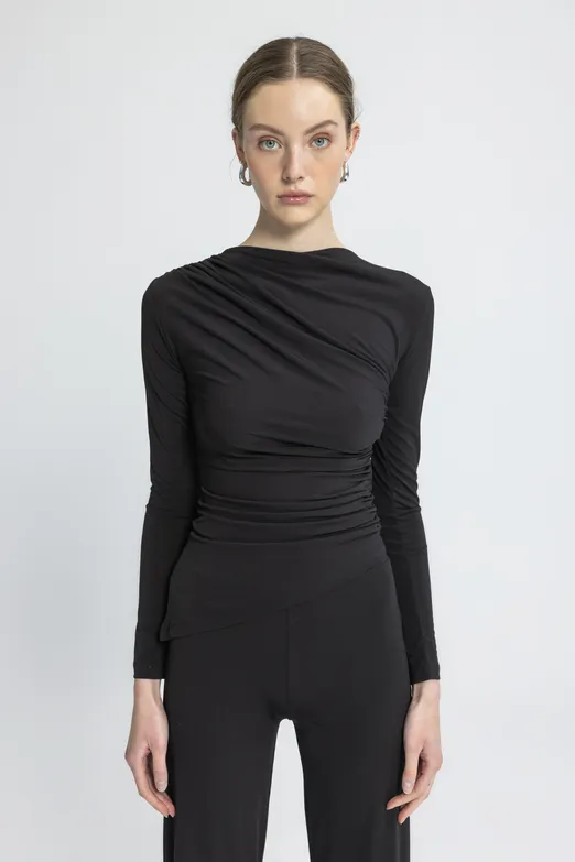 Bayan Siyah Drapeli Top - BSL