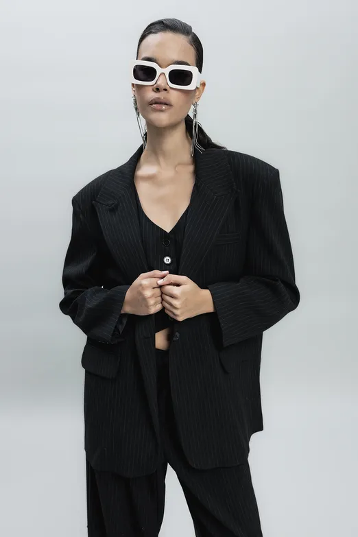 Bayan Siyah Kruvaze Blazer Ceket - BSL