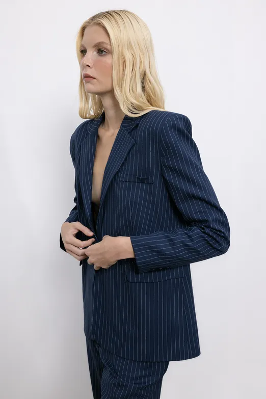 Bayan Lacivert Çizgili Blazer Ceket - BSL