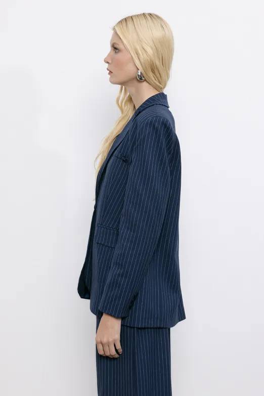 Bayan Lacivert Çizgili Blazer Ceket - BSL