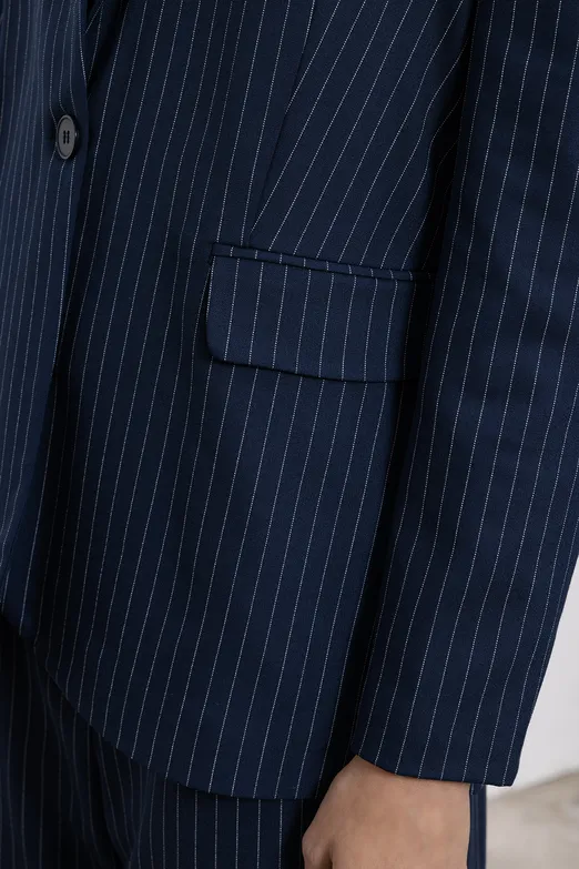 Bayan Lacivert Çizgili Blazer Ceket - BSL