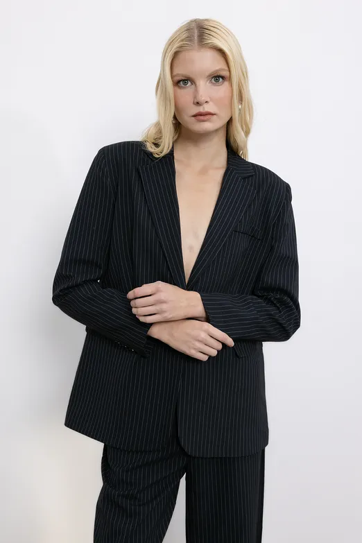 Bayan Siyah Çizgili Blazer Ceket - BSL