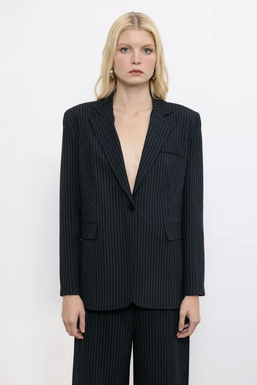 Bayan Siyah Çizgili Blazer Ceket - BSL