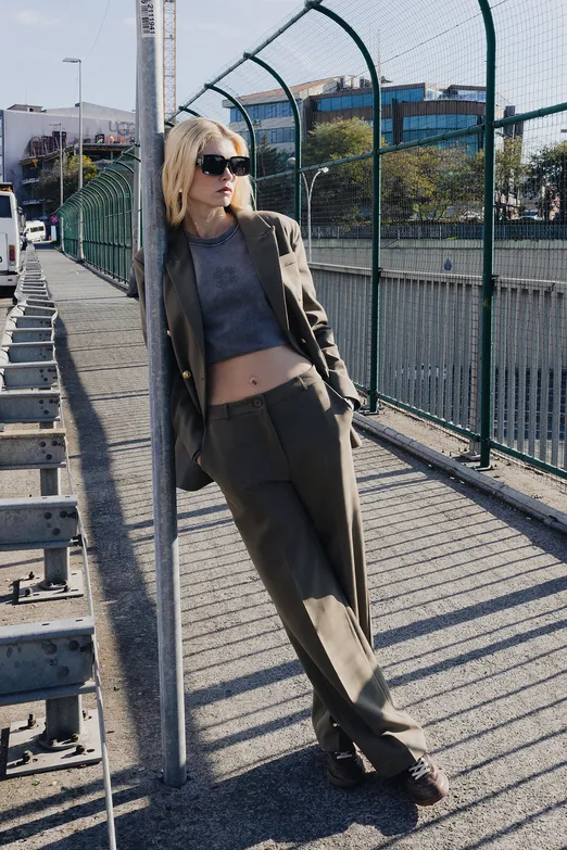 Bayan Haki Yüksek Bel Düz Kesim Pantolon - BSL