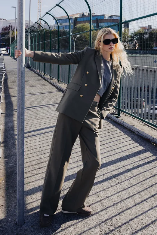 Bayan Haki Yüksek Bel Düz Kesim Pantolon - BSL