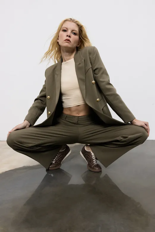 Bayan Haki Yüksek Bel Düz Kesim Pantolon - BSL