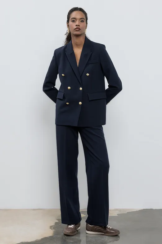 Bayan Lacivert Yüksek Bel Düz Kesim Pantolon - BSL