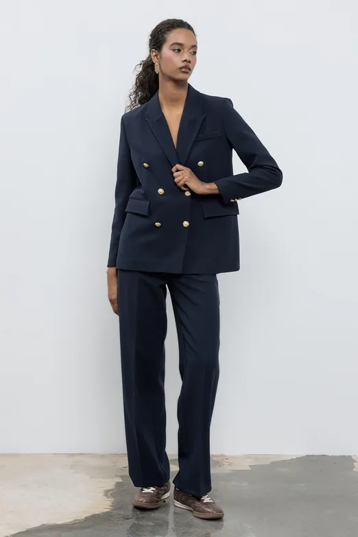 Bayan Lacivert Yüksek Bel Düz Kesim Pantolon - BSL